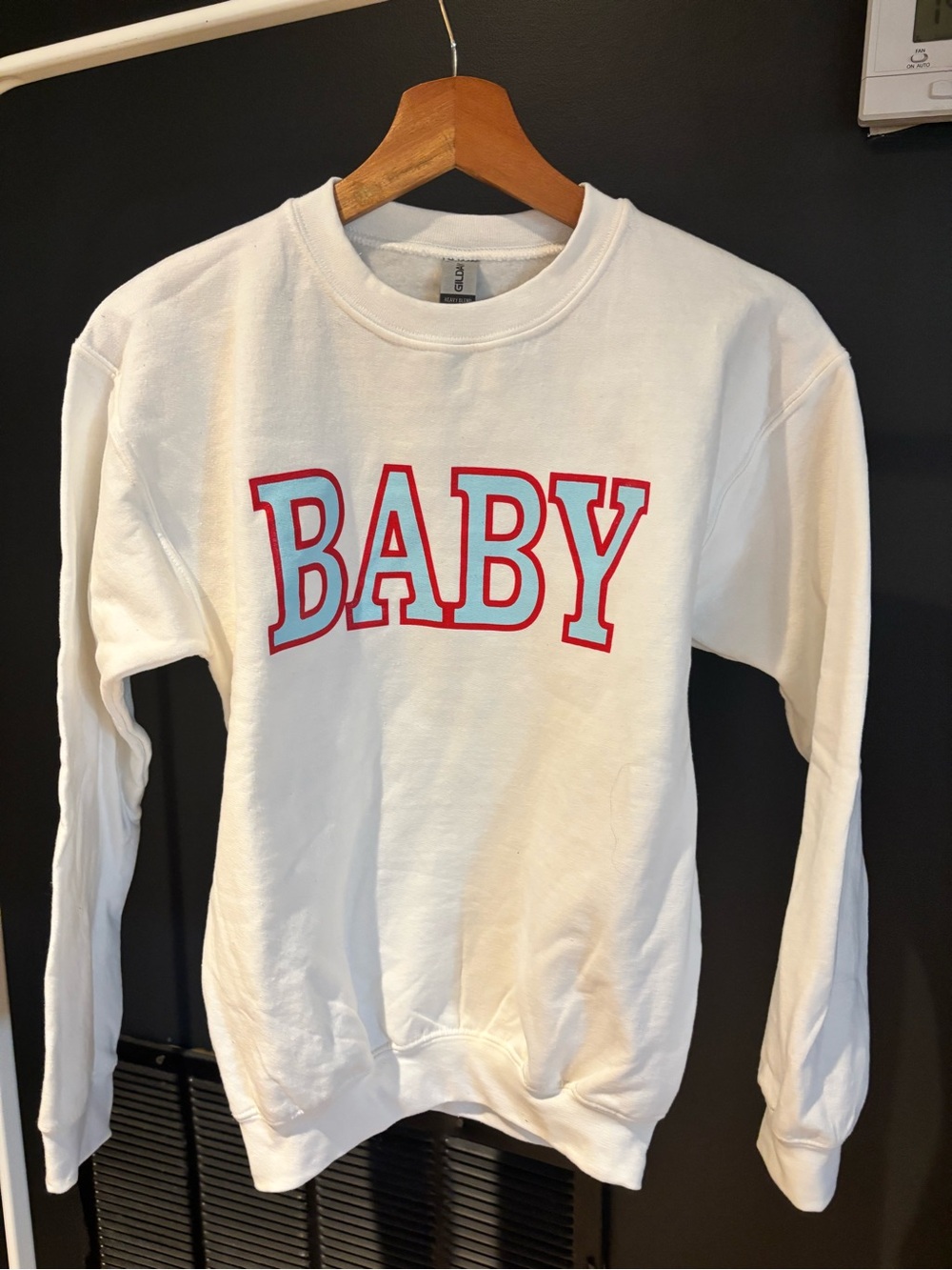 Youth Large-Gildan White Sweatshirt with Red-Outlined Baby Graphic